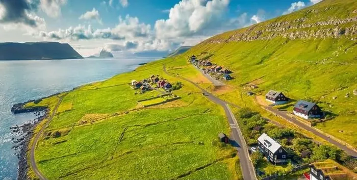 Framed Print : Aerial landscape photography. Superb morning view from flying drone of Kirkjubour village Framed Print : Aerial landscape photography. Superb morning view from flying drone of Kirkjubour village