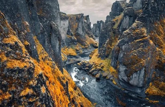 Framed Print : Aerial landscape photography. View from flying drone of Fjadrargljufur canyon and river Framed Print : Aerial landscape photography. View from flying drone of Fjadrargljufur canyon and river