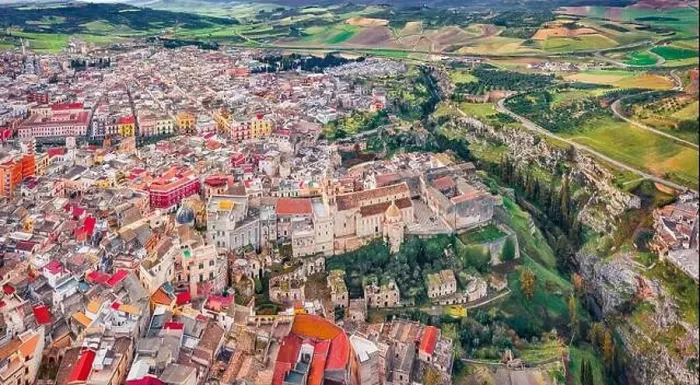 Framed Print : Aerial landscape photography. View from flying drone of Gravina in Puglia town Framed Print : Aerial landscape photography. View from flying drone of Gravina in Puglia town