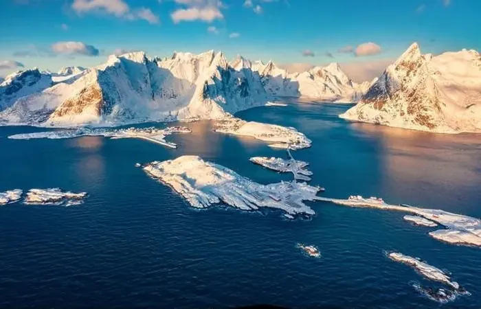 Framed Print : Aerial landscape photography. View from flying drone of Reine and Sakrisoy villeges Framed Print : Aerial landscape photography. View from flying drone of Reine and Sakrisoy villeges