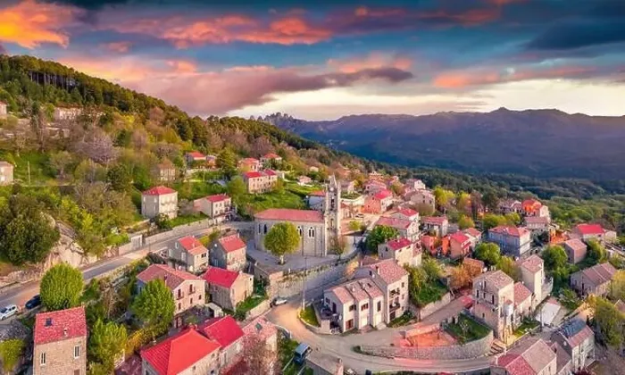 Framed Print : Aerial landscape photography. Wonderful morning view from flying drone of Zonza town Framed Print : Aerial landscape photography. Wonderful morning view from flying drone of Zonza town
