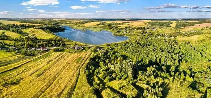 Framed Print : Aerial landscape of Russian Chernozemye. Nizhnyaya Vablya village, Kursk region Framed Print : Aerial landscape of Russian Chernozemye. Nizhnyaya Vablya village, Kursk region