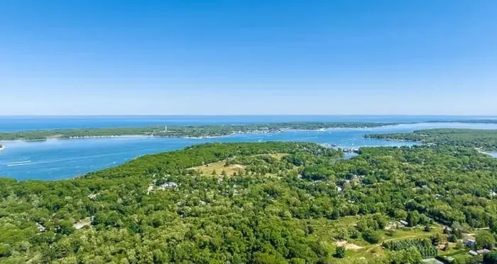 Framed Print : aerial landscape of shelter island and a distant north fork