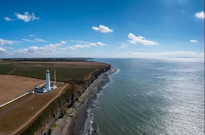 Framed Print : aerial landscape view of the Nash Point Lighthouse and Monknash Coast in South Wales