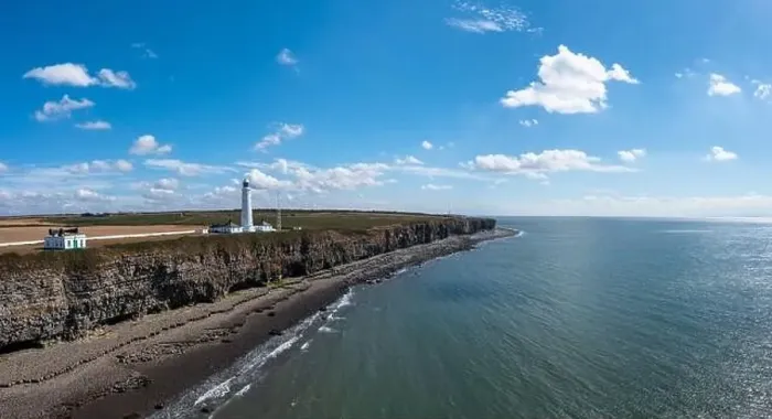 Framed Print : aerial landscape view of the Nash Point Lighthouse and Monknash Coast in South Wales