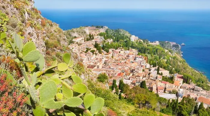 Framed Print : Aerial landscape view of Taormina Old Town, Sicily, Italy Framed Print : Aerial landscape view of Taormina Old Town, Sicily, Italy