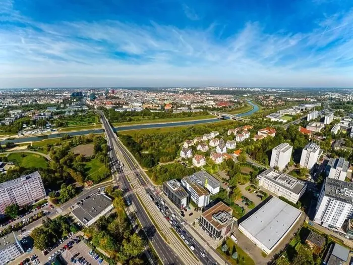 Framed Print : Aerial landscape of Warta river, Queen Jadwigi and Saint Roch's bridge and distant Poznan city center Framed Print : Aerial landscape of Warta river, Queen Jadwigi and Saint Roch's bridge and distant Poznan city center