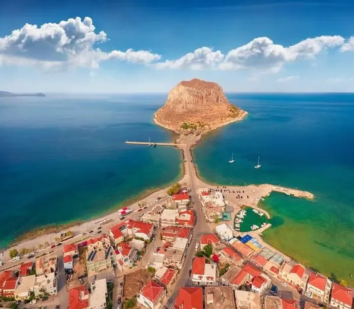 Framed Print : Aerial morning view from flying drone of Monemvasia island Framed Print : Aerial morning view from flying drone of Monemvasia island
