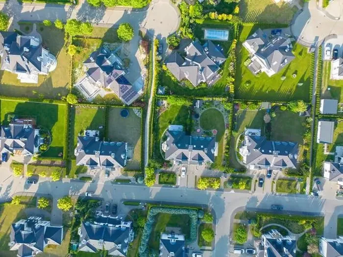 Framed Print : Aerial of new construction luxury residential neighborhood street single family homes real estate Framed Print : Aerial of new construction luxury residential neighborhood street single family homes real estate