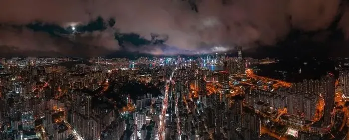 Framed Print : Aerial night view of the Kowloon area in Hong Kong during full moon Framed Print : Aerial night view of the Kowloon area in Hong Kong during full moon