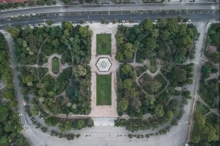 Framed Print : Aerial overhead drone shot of fountain in national garden in front of Zappeion Hall convention center in Athens