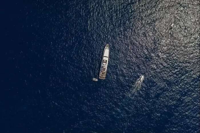 Framed Print : Aerial overhead drone shot of luxury yacht in Tyrrhenian sea near Capri Island in summer Framed Print : Aerial overhead drone shot of luxury yacht in Tyrrhenian sea near Capri Island in summer