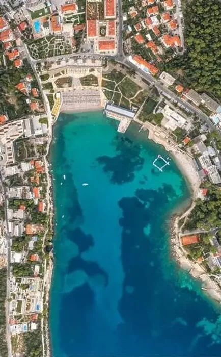 Framed Print : Aerial overhead drone shot of sunset beach in Dubrovnik by Dalmatia coastline in Croatia summer Framed Print : Aerial overhead drone shot of sunset beach in Dubrovnik by Dalmatia coastline in Croatia summer