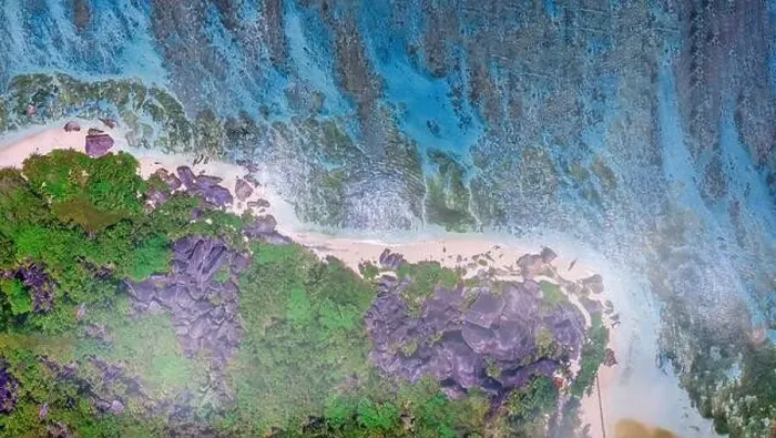 Framed Print : Aerial overhead view of beautiful Anse Source Argent, La Digue Island, Seychelles Framed Print : Aerial overhead view of beautiful Anse Source Argent, La Digue Island, Seychelles