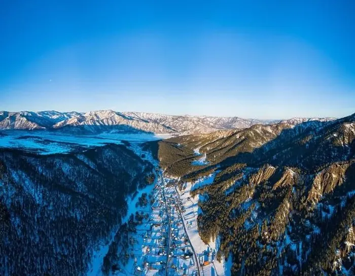 Framed Print : Aerial pano of winter village Framed Print : Aerial pano of winter village