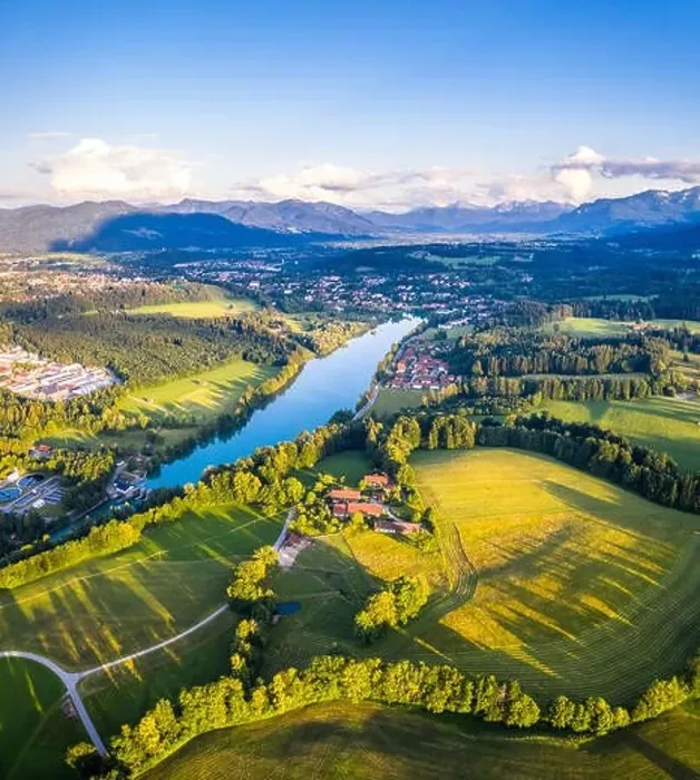 Framed Print : Aerial Panorama Bad Toelz, Isar Valley, Germany Bavaria. Sunset shot in June