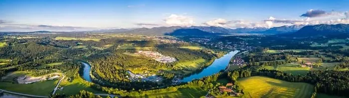 Framed Print : Aerial Panorama Bad Toelz, Isar Valley, Germany Bavaria. Sunset shot in June