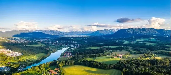 Framed Print : Aerial Panorama Bad Tölz, Isar Valley, Germany Bavaria. Sunset shot in June