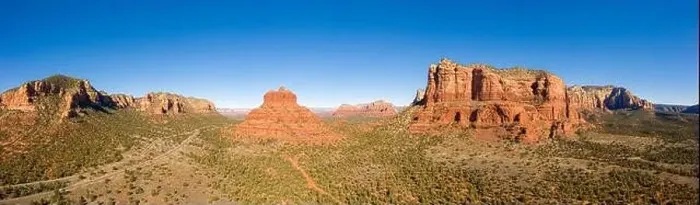 Framed Print : Aerial panorama of Bell Rock and Courthouse Butte in Sedona, Arizona with a bright blue clear sky Framed Print : Aerial panorama of Bell Rock and Courthouse Butte in Sedona, Arizona with a bright blue clear sky
