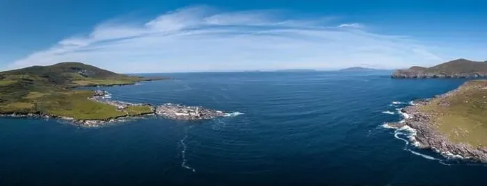 Framed Print : An aerial panorama of the coastal landscape of the Iveragh Peninsula with Beginish and Valentia Island Lighthouse Framed Print : An aerial panorama of the coastal landscape of the Iveragh Peninsula with Beginish and Valentia Island Lighthouse