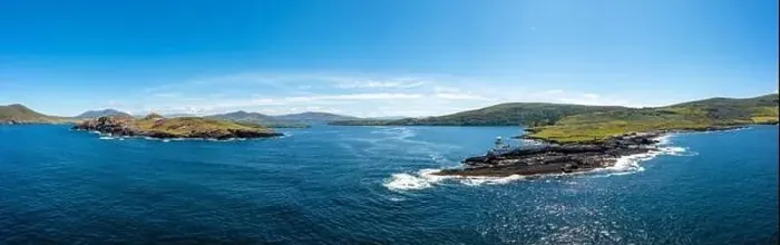 Framed Print : An aerial panorama of the coastal landscape of the Iveragh Peninsula with Beginish and Valentia Island Lighthouse Framed Print : An aerial panorama of the coastal landscape of the Iveragh Peninsula with Beginish and Valentia Island Lighthouse