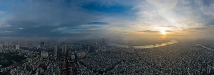 Framed Print : Aerial panorama of colorful sunrise and morning fog in Ho Chi Minh City featuring the Saigon River Framed Print : Aerial panorama of colorful sunrise and morning fog in Ho Chi Minh City featuring the Saigon River