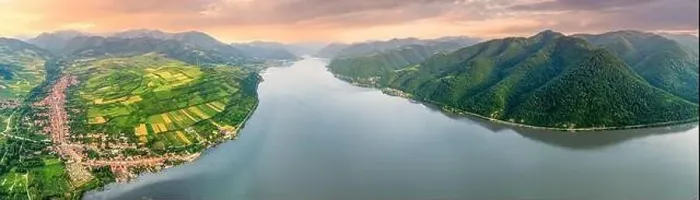 Framed Print : Aerial panorama of the Danube River's coast near Liubcova, Romania, and Djerdap, Serbia, in summer