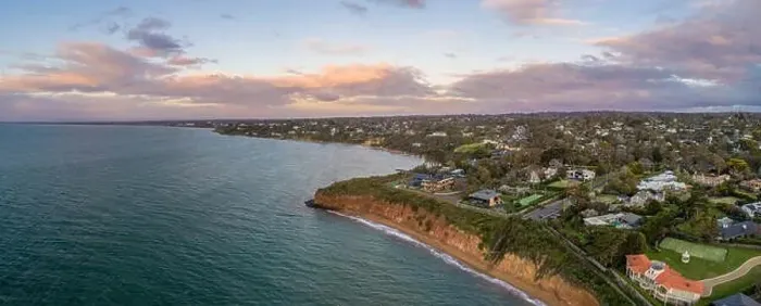 Framed Print : Aerial panorama of Daveys Bay beach on Mornington Peninsula in Melbourne at sunset - aerial view