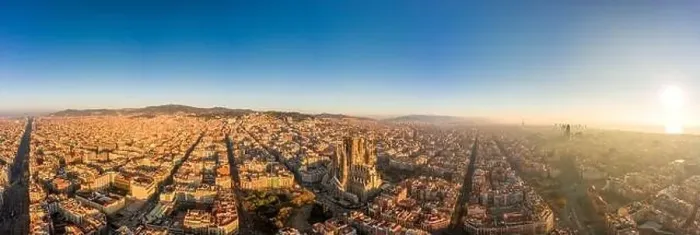 Framed Print : Aerial panorama drone shot of Barcelona center and coast in foggy morning golden hour in Spain winter Framed Print : Aerial panorama drone shot of Barcelona center and coast in foggy morning golden hour in Spain winter