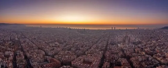 Framed Print : Aerial panorama drone shot of Barcelona with sunrise over sea horizon in Spain winter dawn Framed Print : Aerial panorama drone shot of Barcelona with sunrise over sea horizon in Spain winter dawn