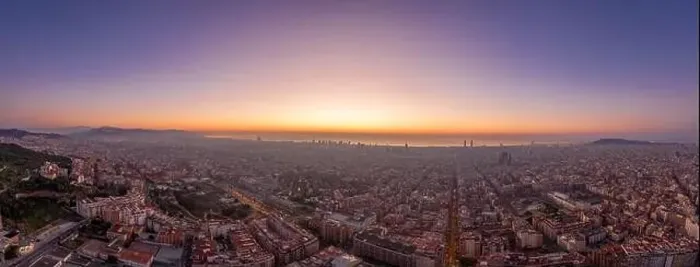 Framed Print : Aerial panorama drone shot of Barcelona with sunrise over sea horizon in Spain winter dawn Framed Print : Aerial panorama drone shot of Barcelona with sunrise over sea horizon in Spain winter dawn
