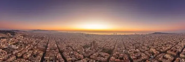 Framed Print : Aerial panorama drone shot of Barcelona with sunrise over sea horizon in Spain winter dawn Framed Print : Aerial panorama drone shot of Barcelona with sunrise over sea horizon in Spain winter dawn