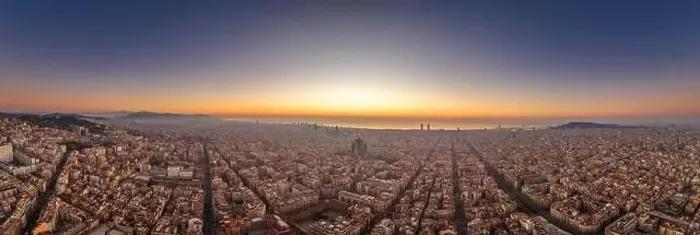 Framed Print : Aerial panorama drone shot of Barcelona with sunrise over sea horizon in Spain winter dawn Framed Print : Aerial panorama drone shot of Barcelona with sunrise over sea horizon in Spain winter dawn