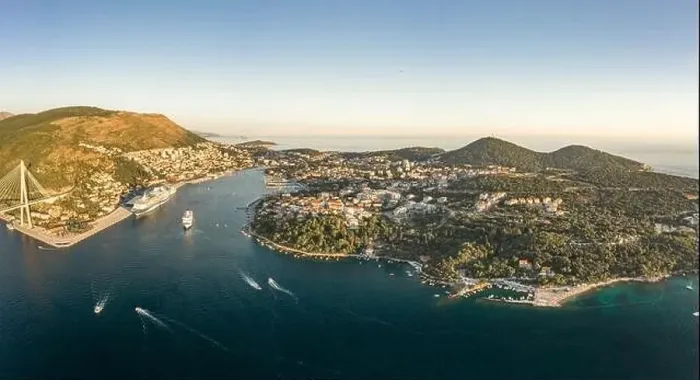 Framed Print : Aerial panorama drone shot of Dubrovnik bridge at Port Gruz in Lapad Adriatic sea in Croatia summer sunset