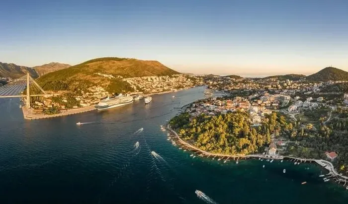 Framed Print : Aerial panorama drone shot of Dubrovnik bridge at Port Gruz in Lapad Adriatic sea in Croatia summer sunset Framed Print : Aerial panorama drone shot of Dubrovnik bridge at Port Gruz in Lapad Adriatic sea in Croatia summer sunset