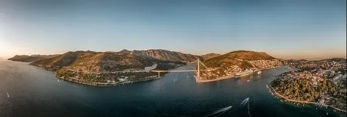 Framed Print : Aerial panorama drone shot of Dubrovnik bridge at Port Gruz in Lapad Adriatic sea in Croatia summer sunset