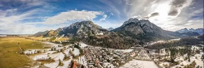 Framed Print : Aerial panorama drone shot of Hohenschwangau in Fussen with view of Neuschwanstein castle in Germany winter Framed Print : Aerial panorama drone shot of Hohenschwangau in Fussen with view of Neuschwanstein castle in Germany winter