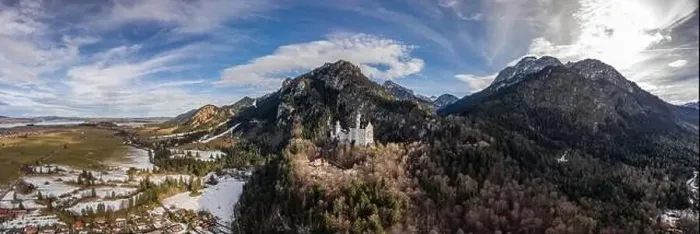 Framed Print : Aerial panorama drone shot of Hohenschwangau in Fussen with view of Neuschwanstein castle in Germany winter Framed Print : Aerial panorama drone shot of Hohenschwangau in Fussen with view of Neuschwanstein castle in Germany winter