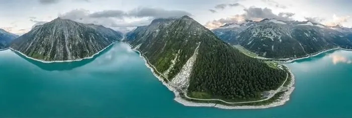 Framed Print : Aerial panorama drone shot of Schlegeisspeicher resevoir with galcier view at dusk Framed Print : Aerial panorama drone shot of Schlegeisspeicher resevoir with galcier view at dusk