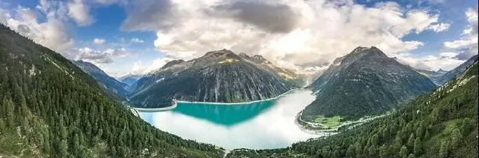Framed Print : Aerial panorama drone shot of Schlegeisspeicher resevoir with galcier view at dusk Framed Print : Aerial panorama drone shot of Schlegeisspeicher resevoir with galcier view at dusk