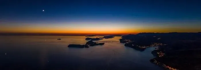 Framed Print : Aerial panorama drone shot of sunset horizon in Adriatic islands in Dubrovnik in Croatia summer Framed Print : Aerial panorama drone shot of sunset horizon in Adriatic islands in Dubrovnik in Croatia summer