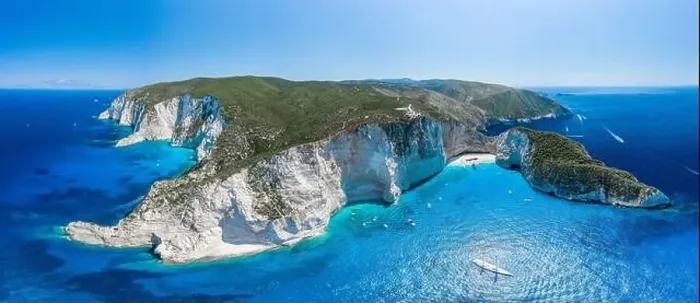 Framed Print : Aerial panorama drone shot of Zakynthos north end with Navagio beach and yachts in Ionian sea
