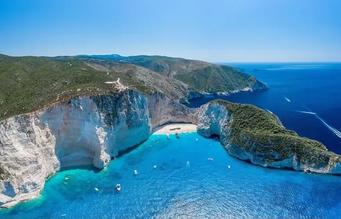 Framed Print : Aerial panorama drone shot of Zakynthos north end with Navagio beach and yachts in Ionian sea Framed Print : Aerial panorama drone shot of Zakynthos north end with Navagio beach and yachts in Ionian sea