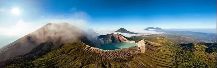 Framed Print : Aerial panorama drone view of mount Kawah Ijen volcano crater at sunrise, East Java, Indonesia Framed Print : Aerial panorama drone view of mount Kawah Ijen volcano crater at sunrise, East Java, Indonesia