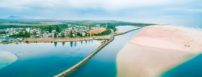 Framed Print : Aerial panorama of Harrington breakwall and Manning river mouth. Harrington, New South Wales, Australia Framed Print : Aerial panorama of Harrington breakwall and Manning river mouth. Harrington, New South Wales, Australia