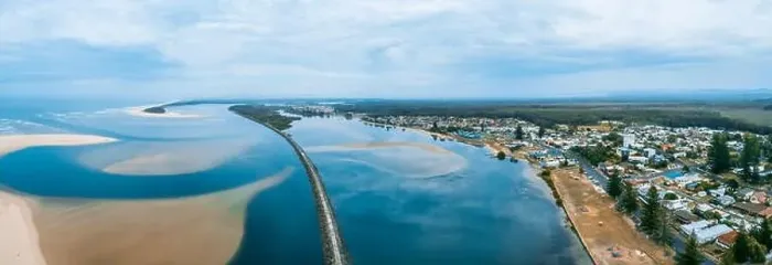 Framed Print : Aerial panorama of Harrington Breakwall and Manning River mouth. Harrington, New South Wales, Australia Framed Print : Aerial panorama of Harrington Breakwall and Manning River mouth. Harrington, New South Wales, Australia