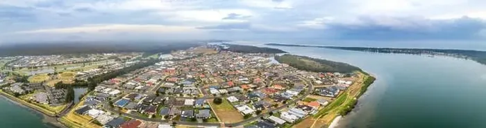 Framed Print : Aerial panorama of Harrington township and Manning River at dusk Framed Print : Aerial panorama of Harrington township and Manning River at dusk