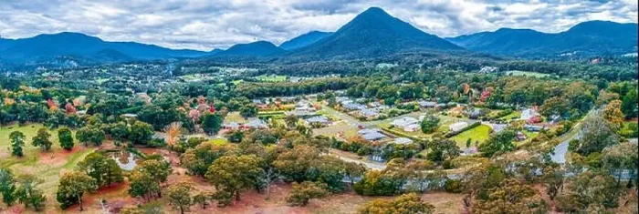 Framed Print : Aerial panorama of Healesville town in fall, Victoria, Australia Framed Print : Aerial panorama of Healesville town in fall, Victoria, Australia