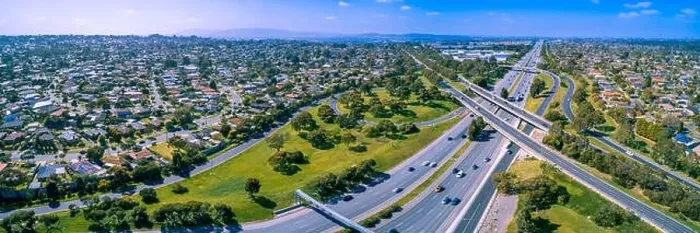 Framed Print : Aerial panorama of highway interchange in Melbourne, Australia