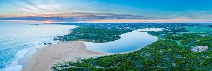 Framed Print : Aerial panorama of Hopkins River mouth and ocean coastline at sunset Framed Print : Aerial panorama of Hopkins River mouth and ocean coastline at sunset
